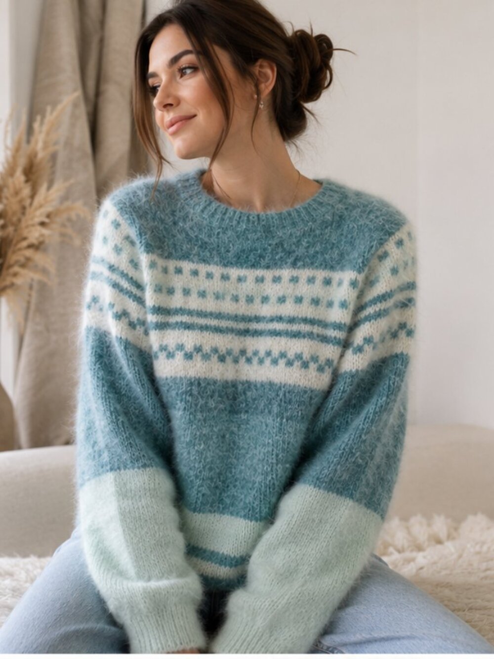 Soft Fuzzy Fair Isle Sweater Blue Mint Cozy Oversized Winter Knit Pullover